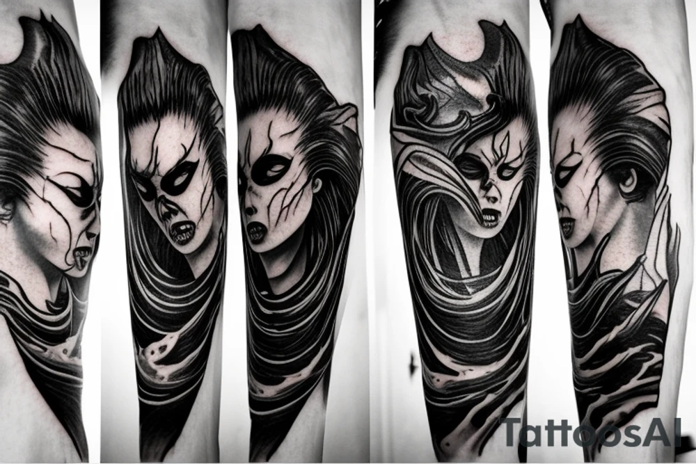 demon mask, ocean wave on the background, realistic, one composition, detailed, scary, sorrow, woman, blades, cool, blood tattoo idea