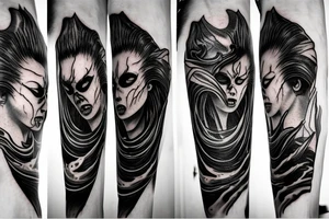 demon mask, ocean wave on the background, realistic, one composition, detailed, scary, sorrow, woman, blades, cool, blood tattoo idea