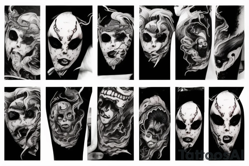 demon mask, ocean wave on the background, realistic, one composition, detailed, scary, sorrow, woman, blades, cool, blood tattoo idea