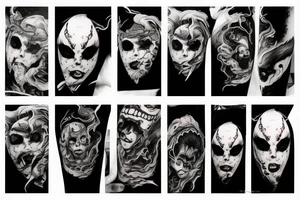 demon mask, ocean wave on the background, realistic, one composition, detailed, scary, sorrow, woman, blades, cool, blood tattoo idea