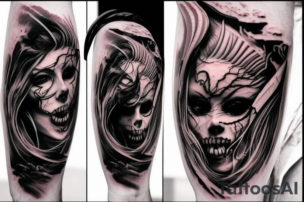 demon mask, ocean wave on the background, realistic, one composition, detailed, scary, sorrow, woman, blades, cool, blood tattoo idea