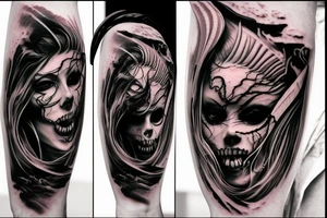 demon mask, ocean wave on the background, realistic, one composition, detailed, scary, sorrow, woman, blades, cool, blood tattoo idea
