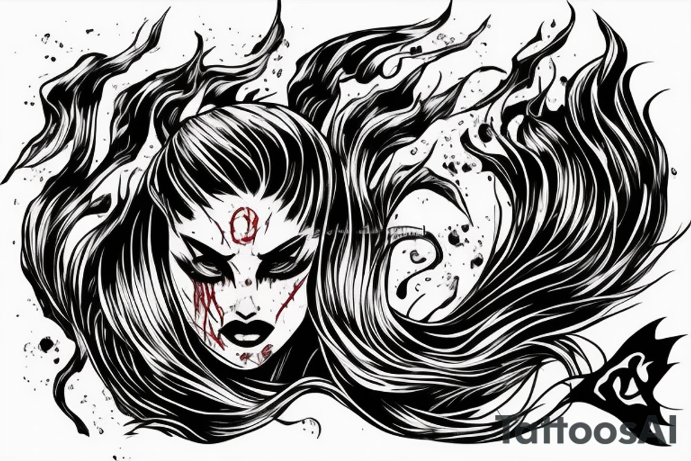 demon mask, ocean wave on the background, realistic, one composition, detailed, scary, sorrow, woman, blades, cool, blood tattoo idea