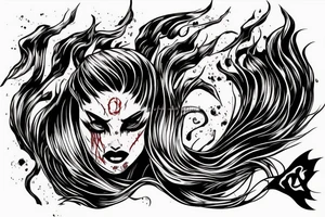demon mask, ocean wave on the background, realistic, one composition, detailed, scary, sorrow, woman, blades, cool, blood tattoo idea