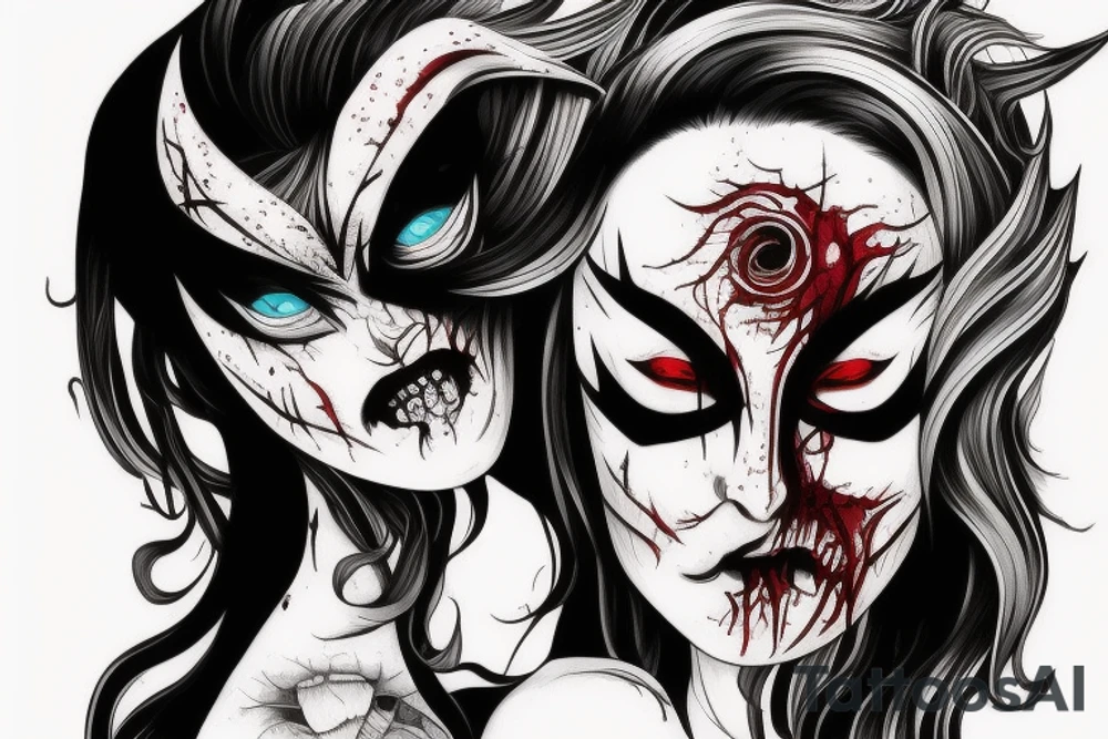 demon mask, ocean wave on the background, realistic, one composition, detailed, scary, sorrow, woman, blades, cool, blood tattoo idea