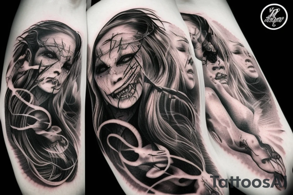 demon mask, ocean wave on the background, realistic, one composition, detailed, scary, sorrow, woman, blades, cool, blood tattoo idea