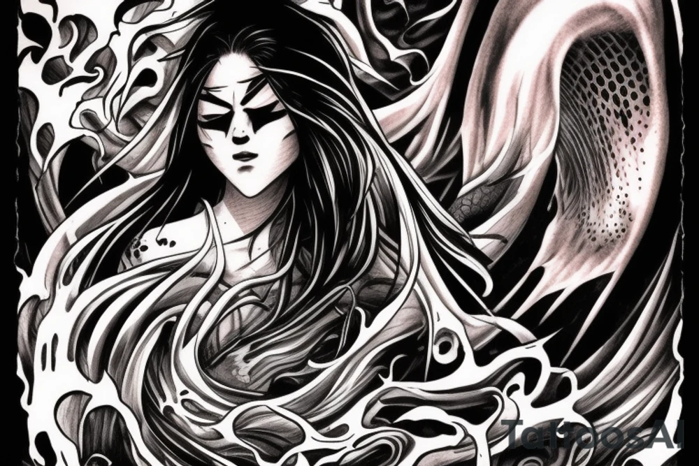 demon mask, ocean wave on the background, realistic, one composition, detailed, scary, sorrow, woman, blades, cool, blood tattoo idea