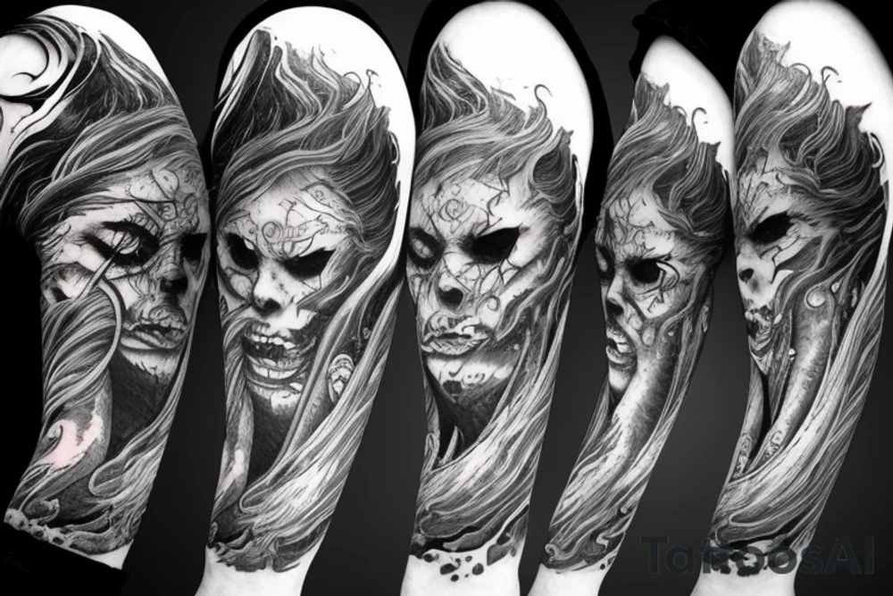 demon mask, ocean wave on the background, realistic, one composition, detailed, scary, sorrow, woman, blades, cool, blood tattoo idea