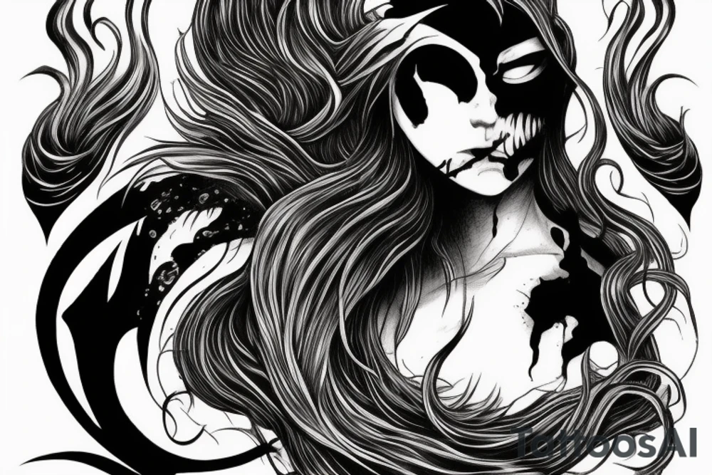 demon mask, ocean wave on the background, realistic, one composition, detailed, scary, sorrow, woman, blades, cool, blood tattoo idea