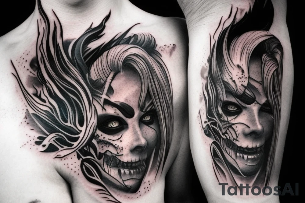 demon mask, ocean wave on the background, realistic, one composition, detailed, scary, sorrow, woman, blades, cool, blood tattoo idea