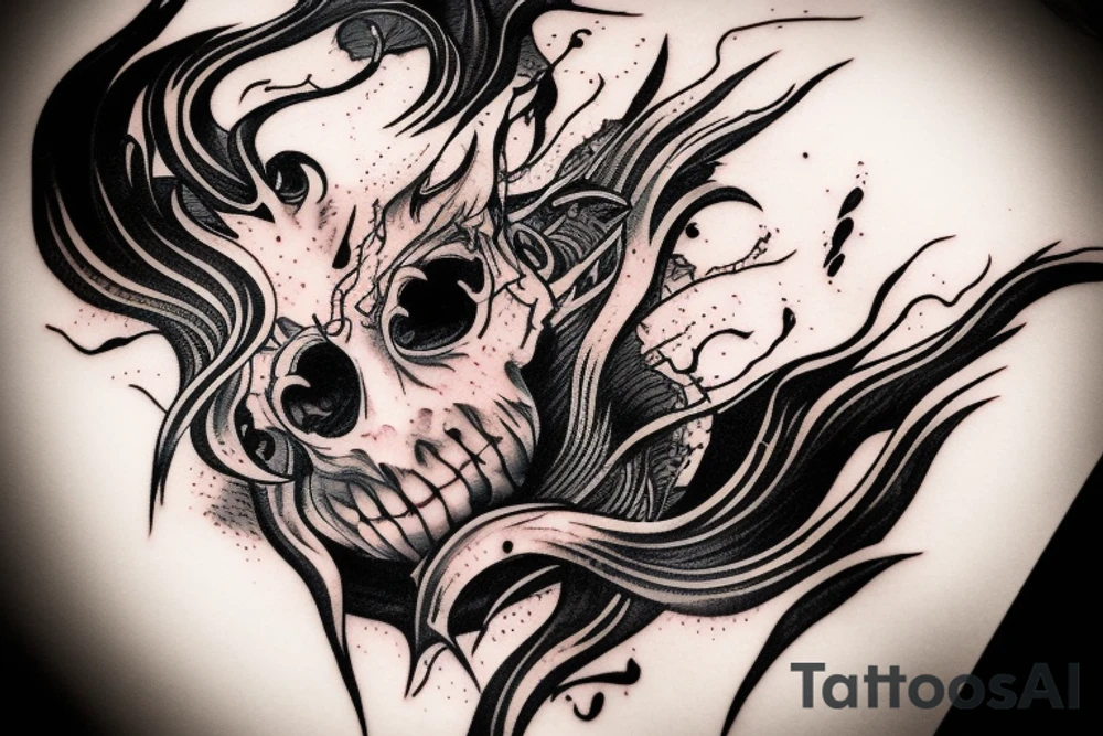 demon mask, ocean wave on the background, realistic, one composition, detailed, scary, sorrow, woman, blades, cool, blood tattoo idea