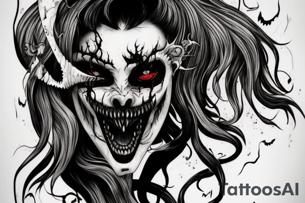 demon mask, ocean wave on the background, realistic, one composition, detailed, scary, sorrow, woman, blades, cool, blood tattoo idea