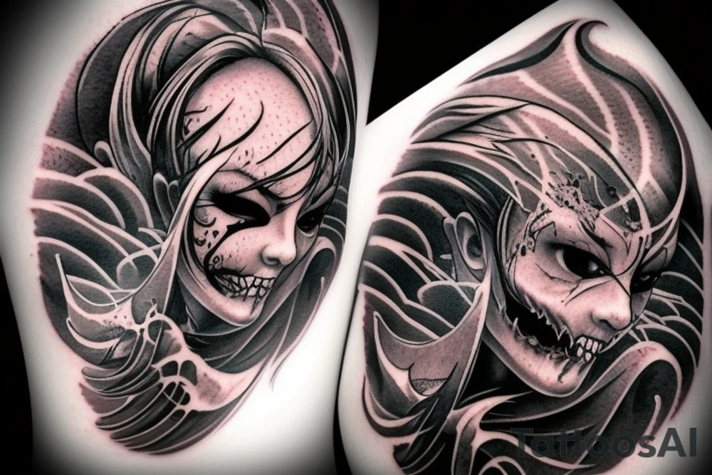 demon mask, ocean wave on the background, realistic, one composition, detailed, scary, sorrow, woman, blades, cool, blood tattoo idea