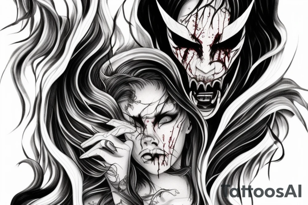 demon mask, ocean wave on the background, realistic, one composition, detailed, scary, sorrow, woman, blades, cool, blood tattoo idea
