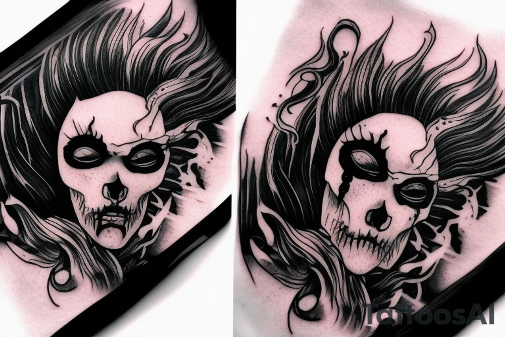 demon mask, ocean wave on the background, realistic, one composition, detailed, scary, sorrow, woman, blades, cool, blood tattoo idea