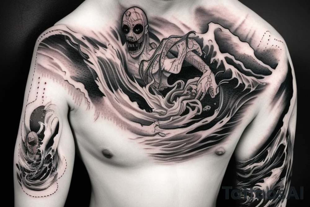 demon mask, ocean wave on the background, realistic, one composition, detailed, scary, sorrow, woman, blades, cool, blood tattoo idea