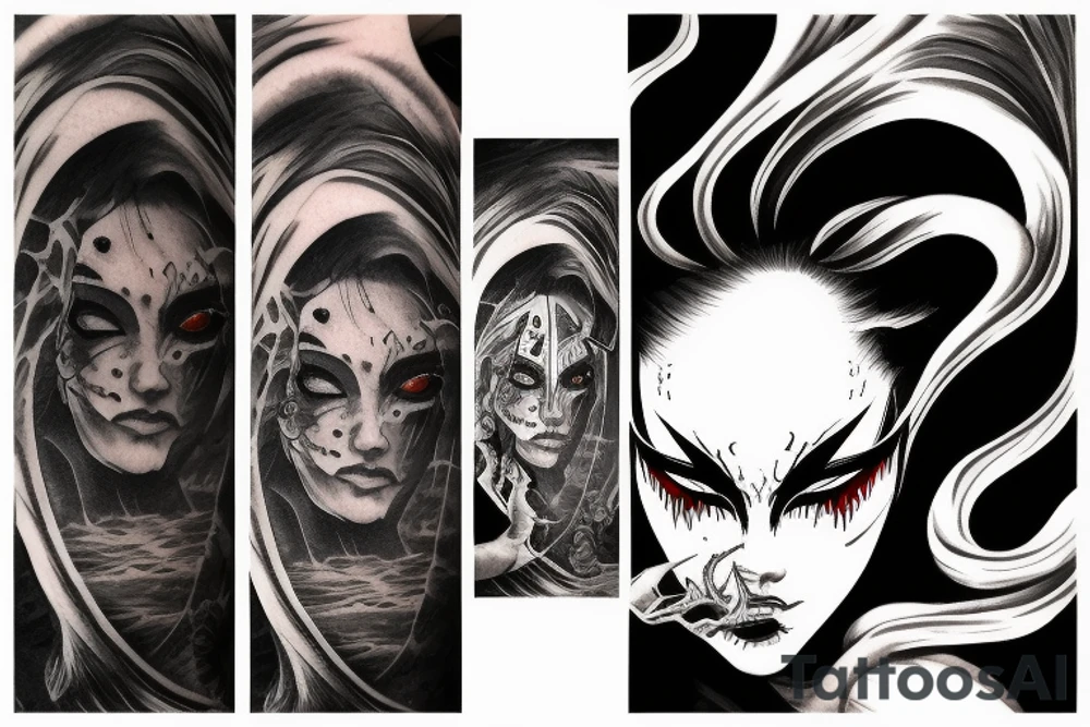 demon mask, ocean wave on the background, realistic, one composition, detailed, scary, sorrow, woman, blades, cool, blood tattoo idea
