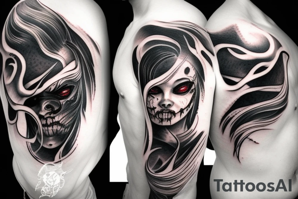demon mask, ocean wave on the background, realistic, one composition, detailed, scary, sorrow, woman, blades, cool, blood tattoo idea