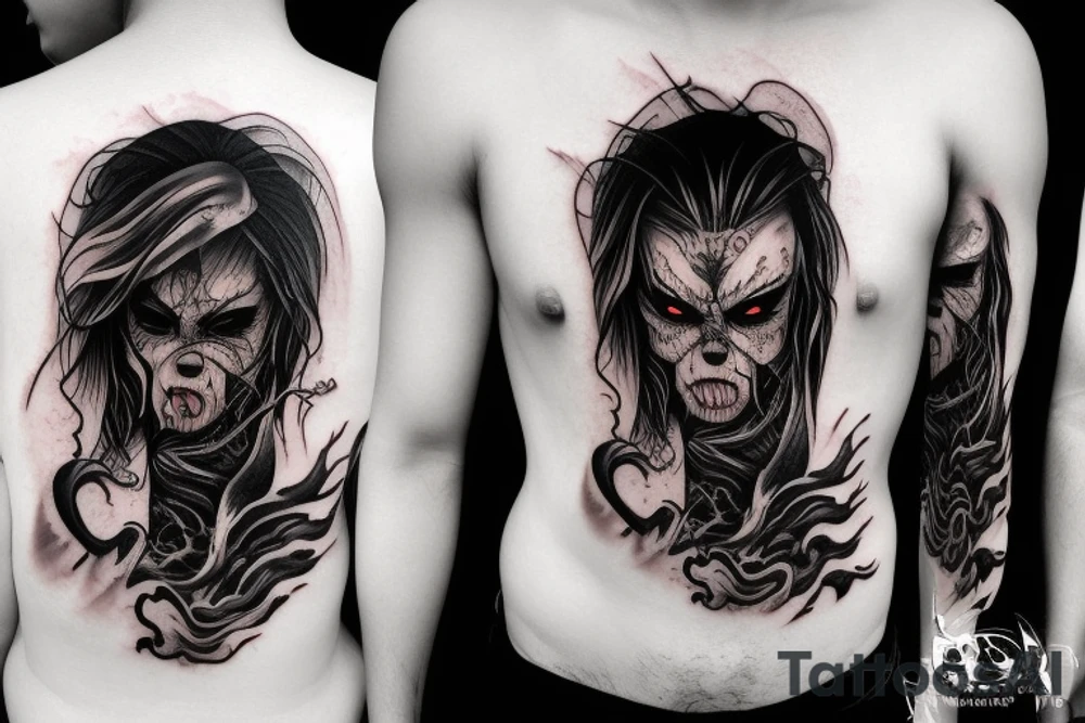 demon mask, ocean wave on the background, realistic, one composition, detailed, scary, sorrow, woman, blades, cool, blood tattoo idea