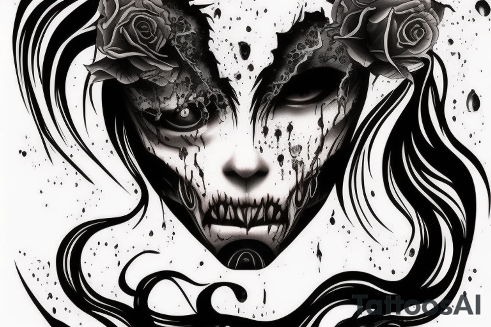 demon mask, ocean wave on the background, realistic, one composition, detailed, scary, sorrow, woman, blades, cool, blood tattoo idea