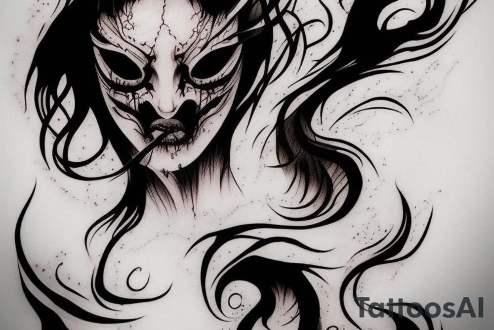 demon mask, ocean wave on the background, realistic, one composition, detailed, scary, sorrow, woman, blades, cool, blood tattoo idea
