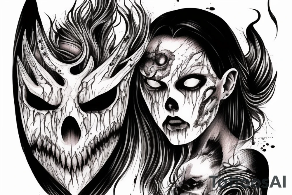 demon mask, ocean wave on the background, realistic, one composition, detailed, scary, sorrow, woman, blades, cool, blood tattoo idea