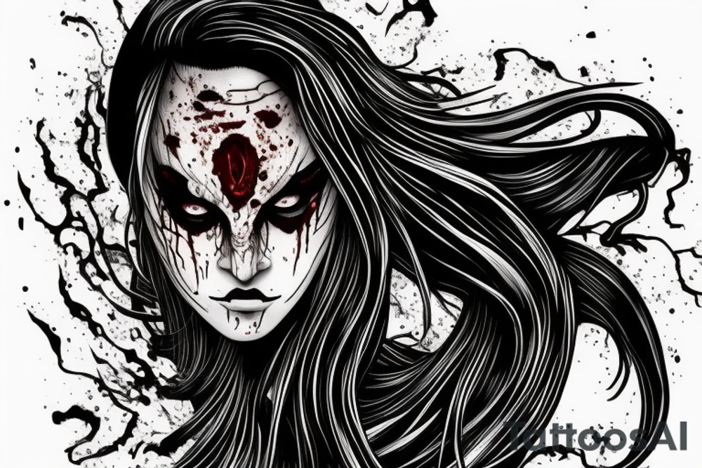demon mask, ocean wave on the background, realistic, one composition, detailed, scary, sorrow, woman, blades, cool, blood tattoo idea