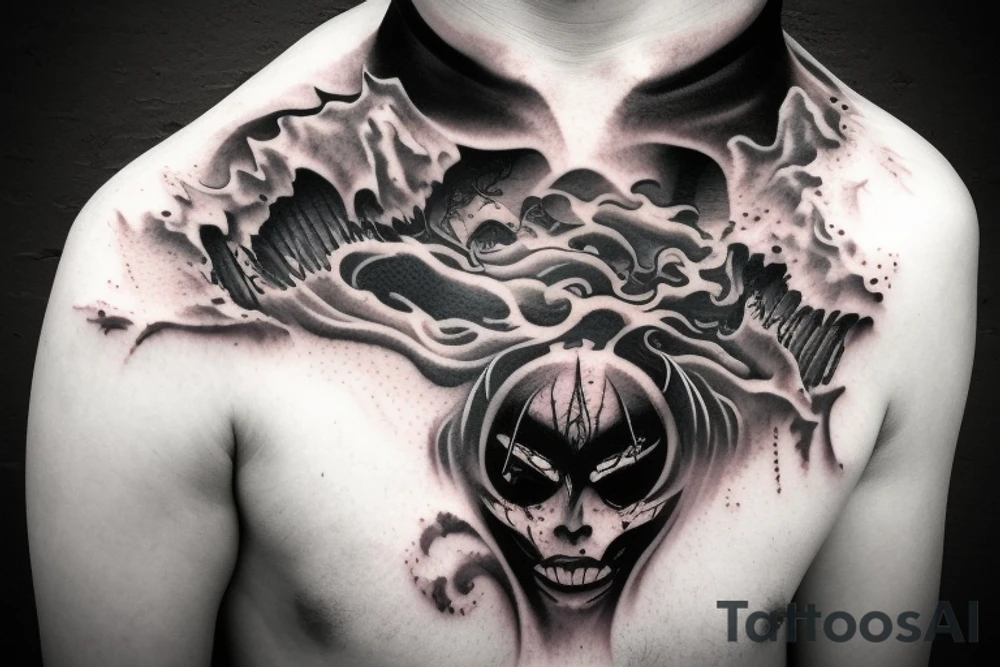 demon mask, ocean wave on the background, realistic, one composition, detailed, scary, sorrow, woman, blades, cool, blood tattoo idea