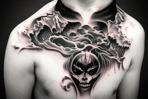 demon mask, ocean wave on the background, realistic, one composition, detailed, scary, sorrow, woman, blades, cool, blood tattoo idea