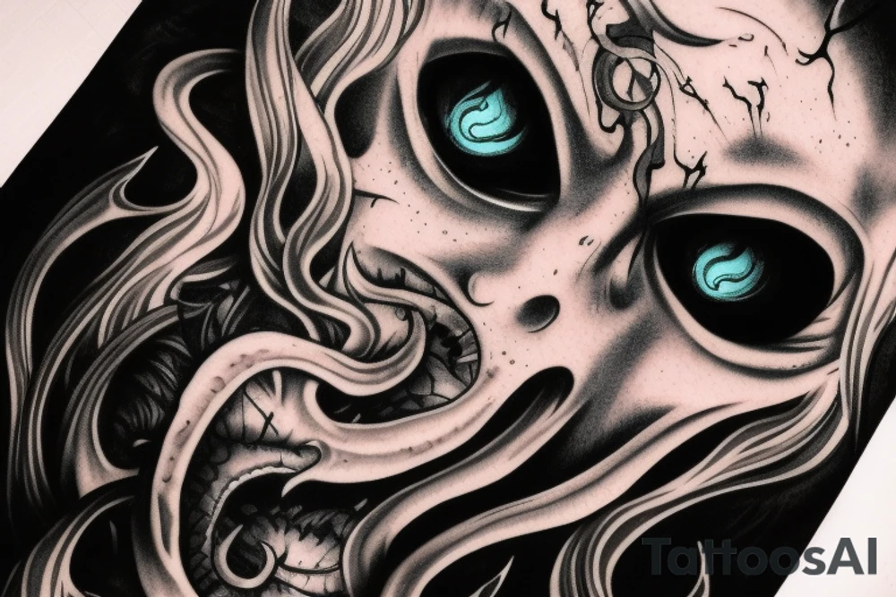 demon mask, ocean wave on the background, realistic, one composition, detailed, scary, sorrow, woman, blades, cool, blood tattoo idea