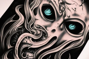 demon mask, ocean wave on the background, realistic, one composition, detailed, scary, sorrow, woman, blades, cool, blood tattoo idea