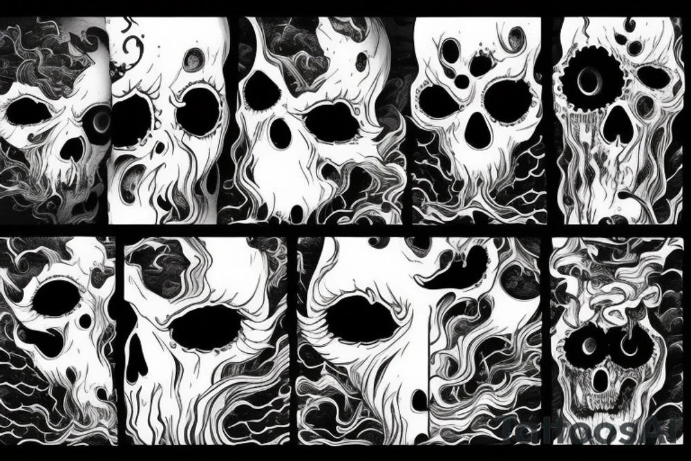 demon mask, ocean wave on the background, realistic, one composition, detailed, scary, sorrow, cool, blood tattoo idea