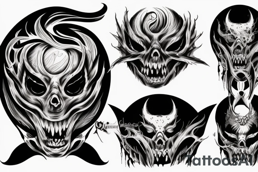 demon mask, ocean wave on the background, realistic, one composition, detailed, scary, sorrow, cool, blood tattoo idea