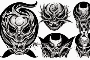 demon mask, ocean wave on the background, realistic, one composition, detailed, scary, sorrow, cool, blood tattoo idea
