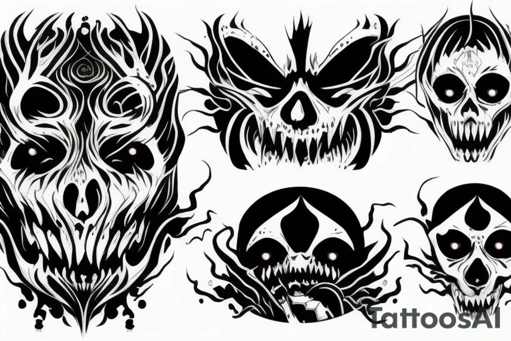 demon mask, ocean wave on the background, realistic, one composition, detailed, scary, sorrow, cool, blood tattoo idea