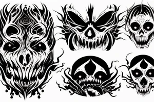 demon mask, ocean wave on the background, realistic, one composition, detailed, scary, sorrow, cool, blood tattoo idea