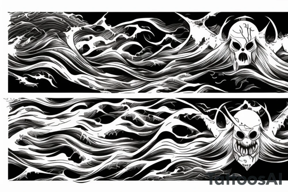 demon mask, ocean wave on the background, realistic, one composition, detailed, scary, sorrow, cool, blood tattoo idea