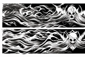 demon mask, ocean wave on the background, realistic, one composition, detailed, scary, sorrow, cool, blood tattoo idea