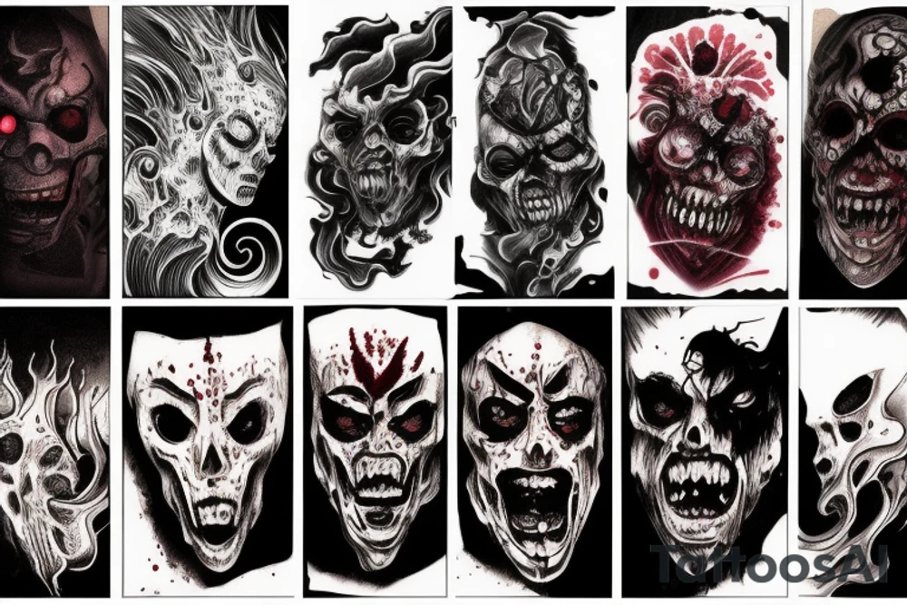 demon mask, ocean wave on the background, realistic, one composition, detailed, scary, sorrow, cool, blood tattoo idea