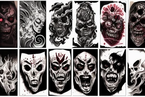 demon mask, ocean wave on the background, realistic, one composition, detailed, scary, sorrow, cool, blood tattoo idea