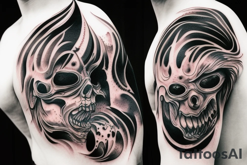 demon mask, ocean wave on the background, realistic, one composition, detailed, scary, sorrow, cool, blood tattoo idea