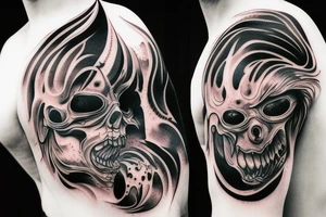 demon mask, ocean wave on the background, realistic, one composition, detailed, scary, sorrow, cool, blood tattoo idea
