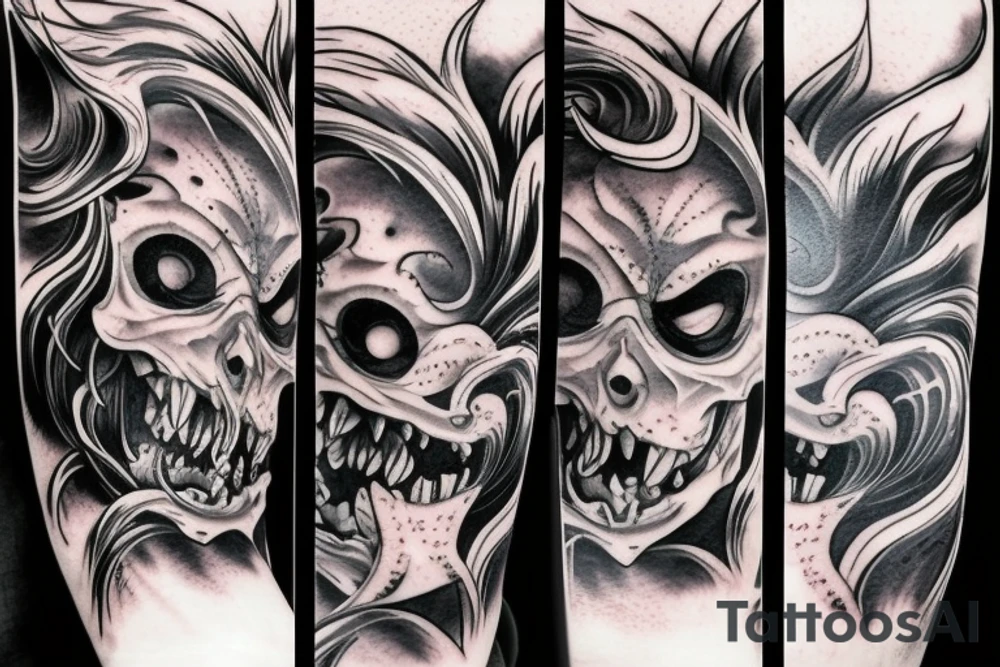 demon mask, ocean wave on the background, realistic, one composition, detailed, scary, sorrow, cool, blood tattoo idea