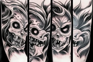 demon mask, ocean wave on the background, realistic, one composition, detailed, scary, sorrow, cool, blood tattoo idea