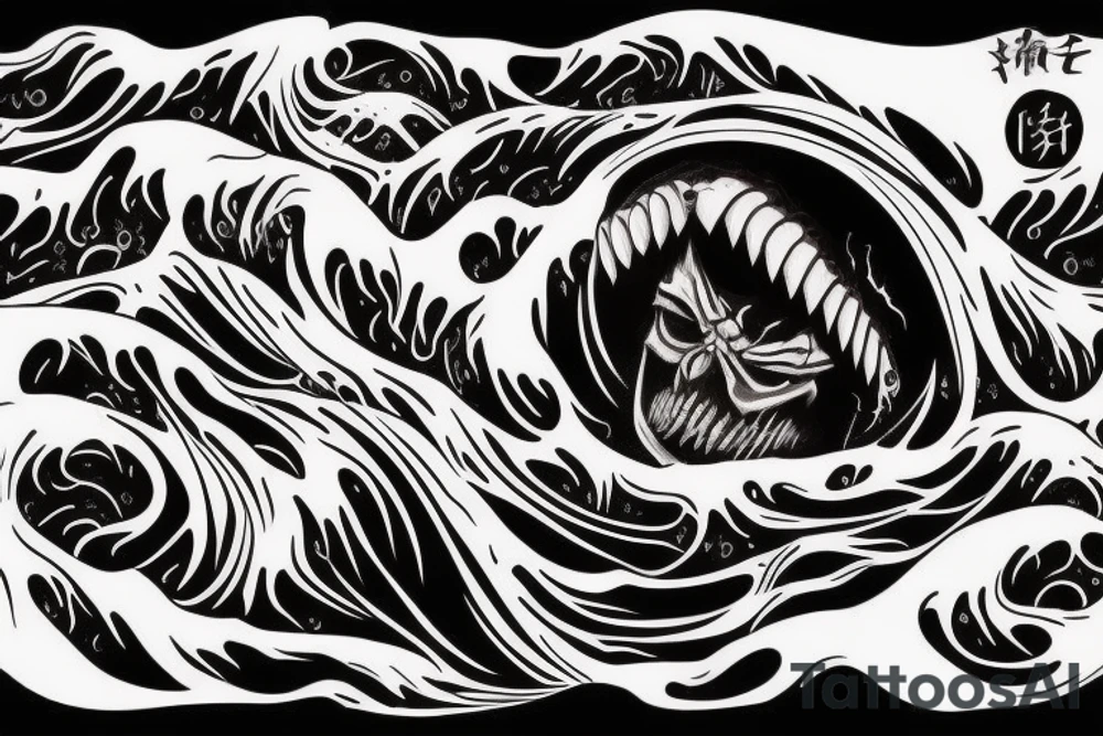 demon mask, ocean wave on the background, realistic, one composition, detailed, scary, sorrow, cool, blood tattoo idea