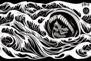 demon mask, ocean wave on the background, realistic, one composition, detailed, scary, sorrow, cool, blood tattoo idea