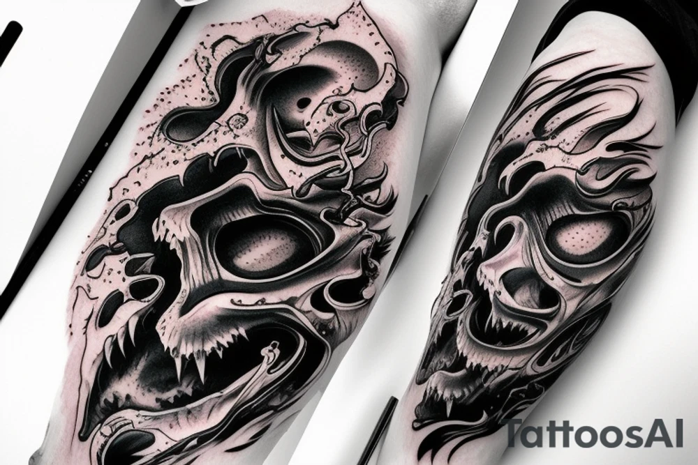 demon mask, ocean wave on the background, realistic, one composition, detailed, scary, sorrow, cool, blood tattoo idea
