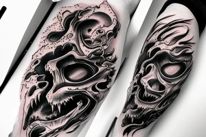 demon mask, ocean wave on the background, realistic, one composition, detailed, scary, sorrow, cool, blood tattoo idea