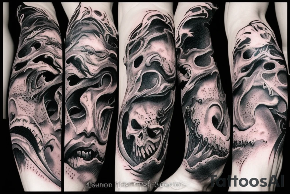 demon mask, ocean wave on the background, realistic, one composition, detailed, scary, sorrow, cool, blood tattoo idea