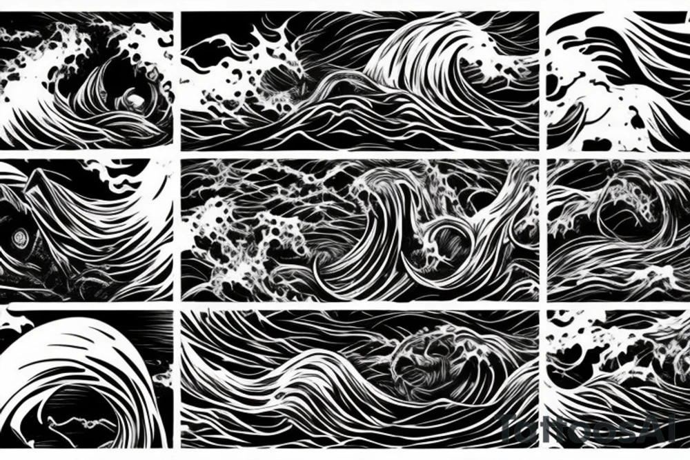 demon mask, ocean wave on the background, realistic, one composition, detailed, scary, sorrow, cool, blood tattoo idea